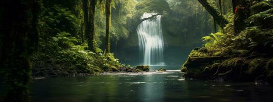 A dreamy and ethereal capture of a waterfall surrounded by lush greenery, evoking a sense of serenity and natural beauty. Web banner backdrop. Generative Ai photo