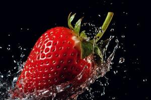 A high-speed capture of a knife slicing through a strawberry, resulting in a burst of juice and seeds, capturing the dynamic and flavorful nature of this fruit. Generative AI photo