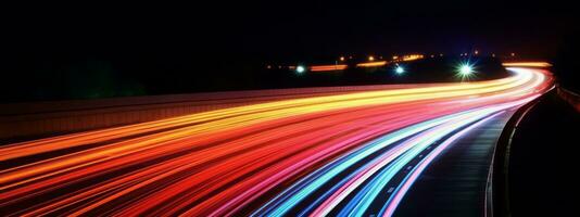 A long-exposure image of light trails from moving vehicles at night, creating a sense of motion and excitement. Web banner backdrop. Generative Ai photo