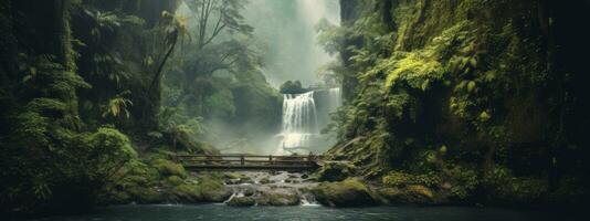 A dreamy and ethereal capture of a waterfall surrounded by lush greenery, evoking a sense of serenity and natural beauty. Web banner backdrop. Generative Ai photo