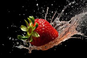 A high-speed capture of a knife slicing through a strawberry, resulting in a burst of juice and seeds, capturing the dynamic and flavorful nature of this fruit. Generative AI photo