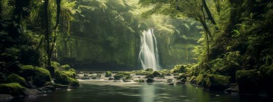 A dreamy and ethereal capture of a waterfall surrounded by lush greenery, evoking a sense of serenity and natural beauty. Web banner backdrop. Generative Ai photo