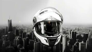 An image featuring a motorbike helmet surrounded by an urban cityscape , emphasizing the helmet's compatibility with urban commuting and its importance for city riders. Generative Ai photo