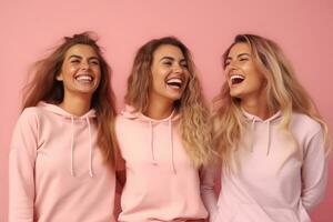 Three female friends in wearing sport clothes, laughing happily on pink background. Generative Ai photo