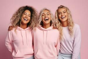 Three female friends in wearing sport clothes, laughing happily on pink background. Generative Ai photo