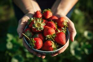 A farmer hand-picking strawberries from the field, highlighting the natural and sustainable farming practices associated with this luscious fruit. Generative AI photo