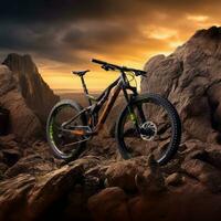 Extreme detailed shot of mountain bike on the mountain. Generative Ai photo
