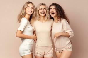 Three lovely female models dressed in pastel standing on studio background smiling, having fun, happy time concept. Generative AI photo