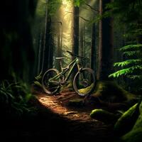 Extreme detailed shot of mountain bike in the forest. Generative Ai photo