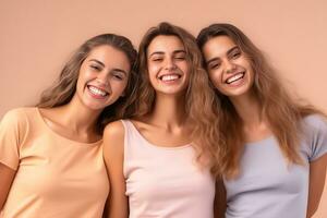 Three lovely female models dressed in pastel standing on studio background smiling, having fun, happy time concept. Generative AI photo
