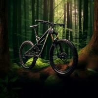 Extreme detailed shot of mountain bike in the forest. Generative Ai photo