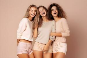 Three lovely female models dressed in pastel standing on studio background smiling, having fun, happy time concept. Generative AI photo