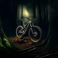 Extreme detailed shot of mountain bike in the forest. Generative Ai photo