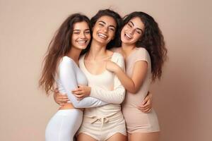 Three lovely female models dressed in pastel standing on studio background smiling, having fun, happy time concept. Generative AI photo