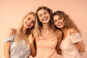 Three lovely female models dressed in pastel standing on studio background smiling, having fun, happy time concept. Generative AI photo