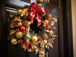 A Christmas door wreath decoration with gold and red bows and ribbons. Generative AI photo