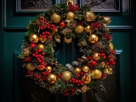 A Christmas door wreath decoration with gold and red bows and ribbons. Generative AI photo