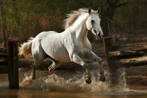 A Hungarian Andalusian horse gracefully leaping over a fence or stream. Capture the romantic, metaphorical symbolism of the Hungarian horse in culture, history and folklore. Generative AI photo