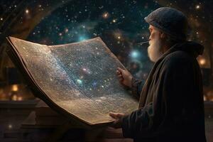 A astronomer gazing up at the night sky filled with stars, holding an antique cosmology chart or sand tray in hand. The movement of celestial bodies shapes destiny and seasons the soul. Generative AI photo