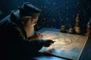 A astronomer gazing up at the night sky filled with stars, holding an antique cosmology chart or sand tray in hand. The movement of celestial bodies shapes destiny and seasons the soul. Generative AI photo