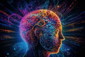 un cerebro exploración un persona durante estados de trascendencia, meditación, trance o hora de soñar. psicodélico colores y geométrico formas son emanando desde el mente. generativo ai foto