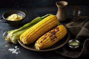 A bowl of grilled corn on the cob with butter and salt. The corn should be slightly charred and the butter should be melting over it. Generative AI photo