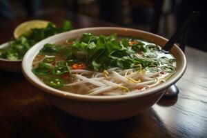 A bowl of pho, Vietnam's famous rice noodle soup, garnished with cilantro, lime, bean sprouts and chili peppers. Capture the comfort and vitality of Vietnamese street food. Generative AI photo