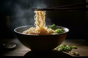 un cuenco de ramen tallarines con palillos y verde cebollas, con vapor creciente desde el bol. generativo ai foto