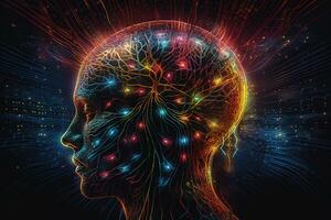 un cerebro exploración un persona durante estados de trascendencia, meditación, trance o hora de soñar. psicodélico colores y geométrico formas son emanando desde el mente. generativo ai foto