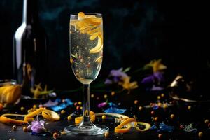 Celebratory French 75 cocktail, served in a champagne flute and garnished with a twist of lemon, surrounded by a festive atmosphere with confetti and party decorations. Generative Ai photo