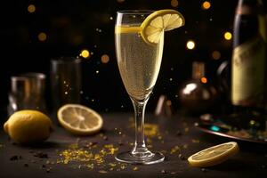 Celebratory French 75 cocktail, served in a champagne flute and garnished with a twist of lemon, surrounded by a festive atmosphere with confetti and party decorations. Generative Ai photo