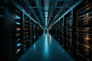 Installation of an IT infrastructure, server room data center, capturing the intricate process, teamwork, and skill required set against an ever-evolving technological backdrop. Generative AI photo