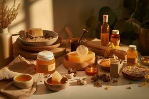 Honey-themed spa setting, highlighting the use of honey as a natural skincare ingredient, honey-infused products, face masks, body scrubs, moisturizers, on relaxation-focused backdrop. Generative AI photo