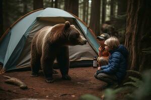 A captivating, wildlife encounter during a family camping trip, featuring parents and children observing a bear from a safe distance. Sense of wonder and appreciation for nature. Generative AI. photo