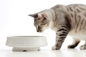 A charming, side-profile image of a cat attentively eating from a stylish, food dish, elegant posture of the feline, set against a white background. photo