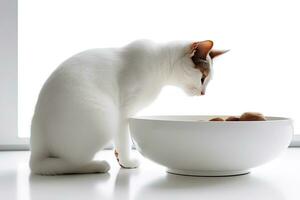 un encantador, perfil lateral imagen de un gato atentamente comiendo desde un elegante, comida plato, elegante postura de el felino, conjunto en contra un blanco antecedentes. foto