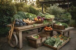 A charming, rustic scene of a vegetable harvest displayed in a wooden crate, wicker basket, wheelbarrow, emphasizing the farm-to-table concept and the freshness of the produce. Generative AI photo