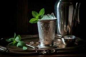 un clásico, icónico cóctel escena, presentando un refrescante menta julepe servido en un tradicional plata taza con aplastada hielo, Fresco menta hojas, y un limpiar el polvo de en polvo azúcar. generativo ai foto