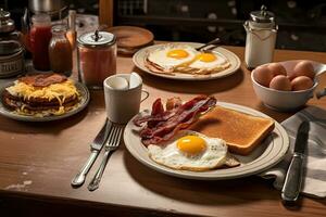 A classic, American diner breakfast, featuring sunny side up eggs, hash browns, crispy bacon, and thick slices of buttered toast, served on a retro, vintage-style table setting. Generative AI photo