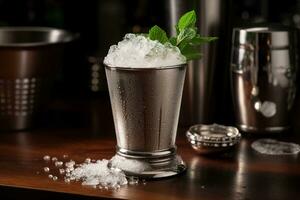 A classic, iconic cocktail scene, featuring a refreshing mint julep served in a traditional silver cup with crushed ice, fresh mint leaves, and a dusting of powdered sugar. Generative AI photo