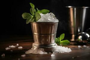 A classic, iconic cocktail scene, featuring a refreshing mint julep served in a traditional silver cup with crushed ice, fresh mint leaves, and a dusting of powdered sugar. Generative AI photo