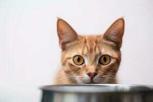 A close-up, adorable image of a cat happily munching on its favorite food or treats, with its whiskers and nose buried in the dish, set against a clean, on white background. Generative AI photo