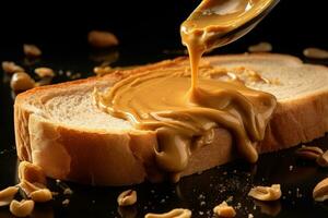 A close-up, appetizing image of creamy peanut butter being spread onto a slice of warm, toasted bread, of the popular spread. Generative AI photo