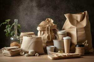 Various eco-friendly packaging materials and products, including biodegradable containers, reusable bags, and recyclable materials. Sustainable packaging solutions in everyday life. Generative AI photo