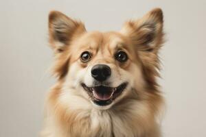 un de cerca, reconfortante imagen de un perros sonriente rostro, exhibiendo sus expresivo ojos y alegre expresión, conjunto en contra un blanco antecedentes. generativo ai. foto