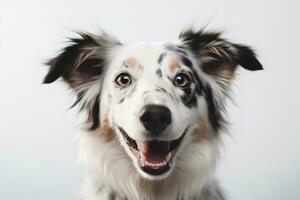 un de cerca, reconfortante imagen de un perros sonriente rostro, exhibiendo sus expresivo ojos y alegre expresión, conjunto en contra un blanco antecedentes. generativo ai. foto