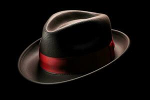 A close-up of a fedora hat with a red ribbon around it. The hat should be tilted to one side and have a shadow over one . Generative AI photo