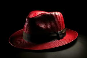 A close-up of a fedora hat with a red ribbon around it. The hat should be tilted to one side and have a shadow over one . Generative AI photo