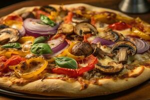 A close-up of a grilled vegetable pizza. The pizza have a crispy crust and be topped with fresh vegetables like tomatoes, onions, and mushrooms. Generative AI photo
