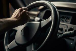 Close-up of a truck drivers hands on the wheel. The focus be on the drivers hands and the details of the dashboard and steering wheel, with a blurred background to give a sense of speed. Generative AI photo